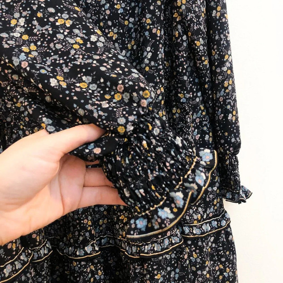 Max Studio Black V Neck Balloon Sleeve Floral Bohemian Casual Mini Dress S NWT - Picture 3 of 11